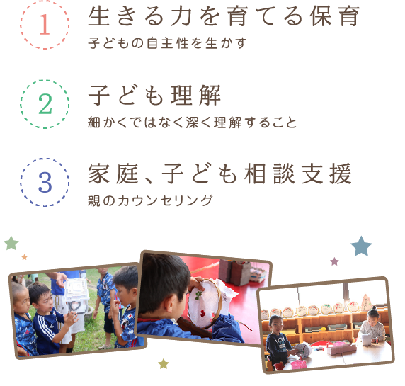 1 生きる力を育てる保育 子どもの自主性を生かす 2 子ども理解 細かくではなく深く理解すること 3 家庭、子ども相談支援 親のカウンセリング